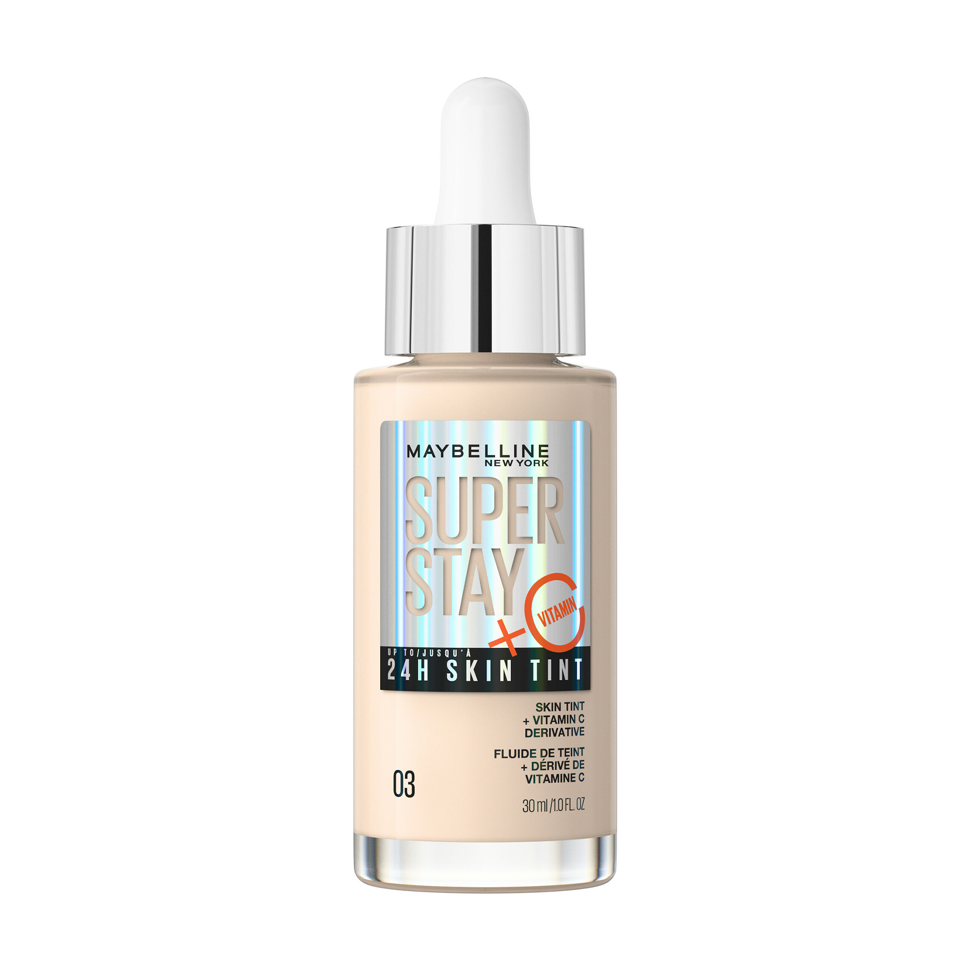 Стійкий тональний флюїд для обличчя Maybelline New York Superstay Skin Tint, з вітаміном С, відтінок 03, 30 мл